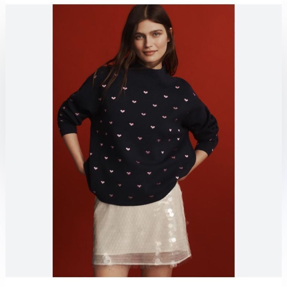 Anthropologie Pink Heart Navy Blue Mock Neck Sweater